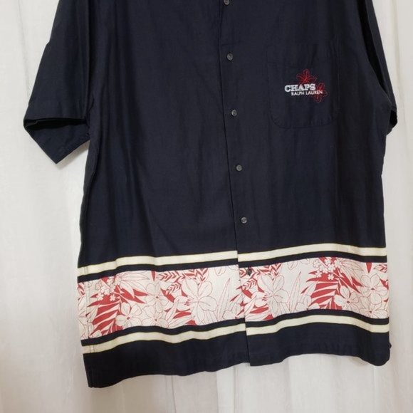 Chaps Ralph Lauren Navy Blue Hawaiian Button Shirt Short Sleeve Guayabera XL - Picture 2 of 5